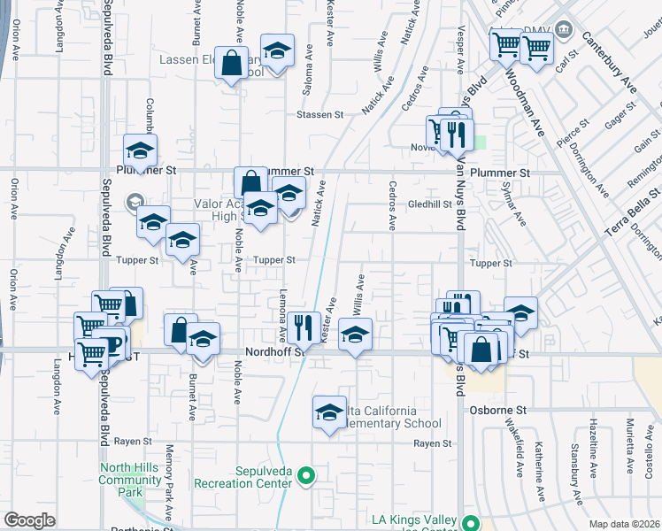 map of restaurants, bars, coffee shops, grocery stores, and more near 9251 Kester Avenue in Los Angeles
