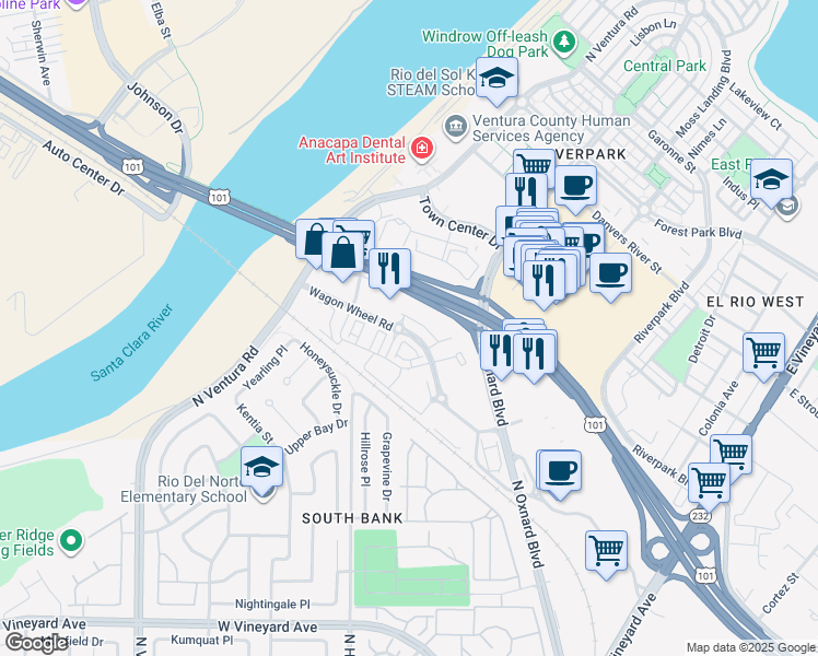 map of restaurants, bars, coffee shops, grocery stores, and more near 2870 Wagon Wheel Road in Oxnard
