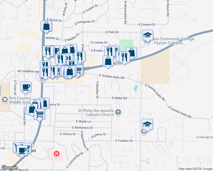 map of restaurants, bars, coffee shops, grocery stores, and more near 209 South Granite Drive in Payson
