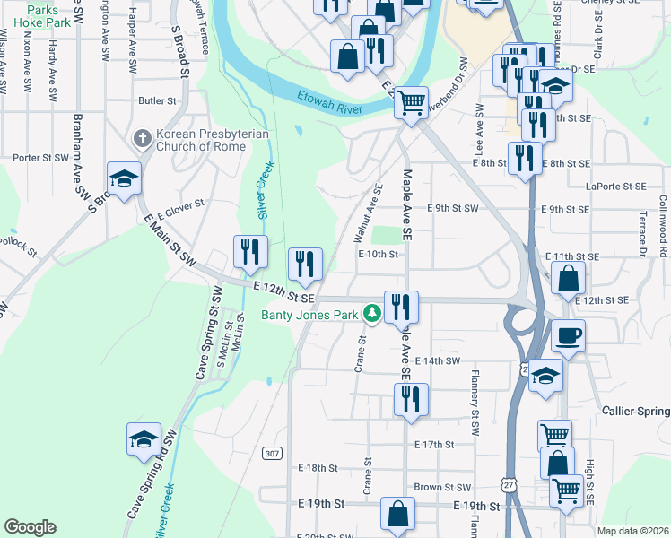 map of restaurants, bars, coffee shops, grocery stores, and more near 1006 Walnut Avenue Southeast in Rome