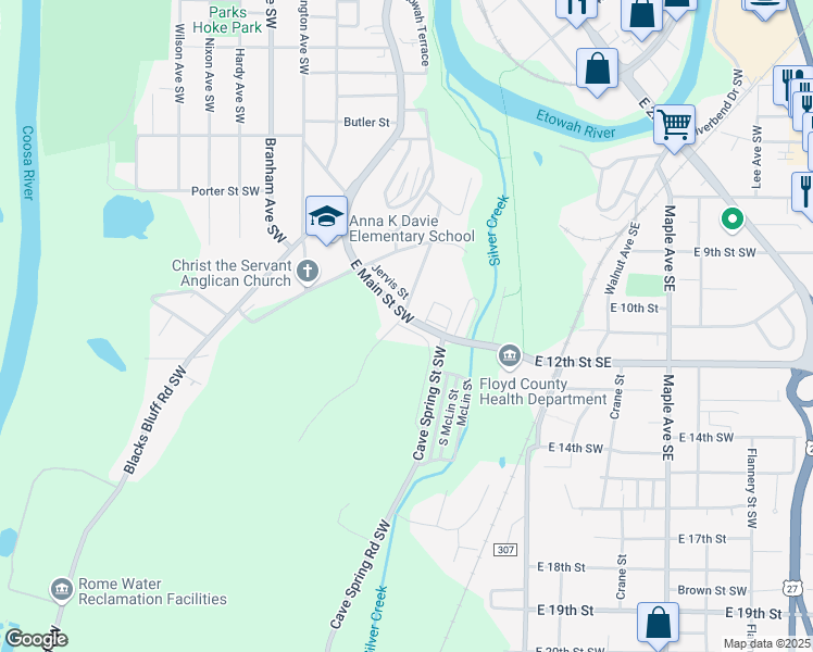 map of restaurants, bars, coffee shops, grocery stores, and more near 202 East Main Street Southwest in Rome