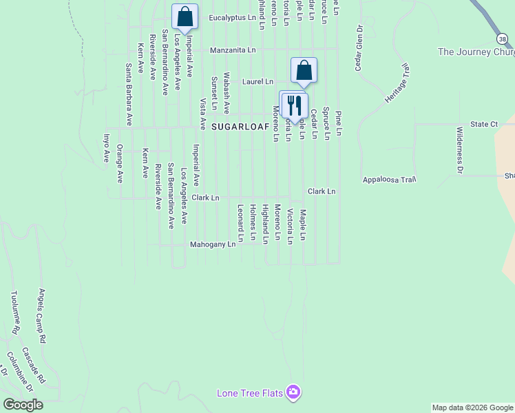 map of restaurants, bars, coffee shops, grocery stores, and more near 726 Highland Lane in Big Bear