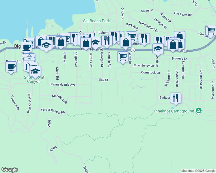 map of restaurants, bars, coffee shops, grocery stores, and more near 758 Conklin Road in Big Bear Lake