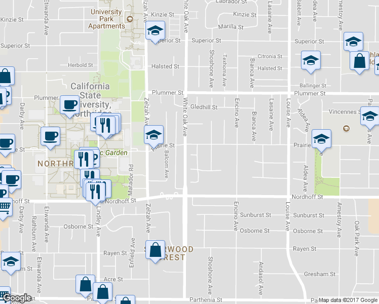 map of restaurants, bars, coffee shops, grocery stores, and more near 17655 Knapp Street in Los Angeles