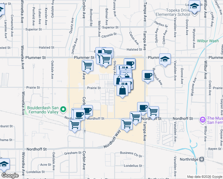 map of restaurants, bars, coffee shops, grocery stores, and more near 19507 Cardigan Drive in Los Angeles