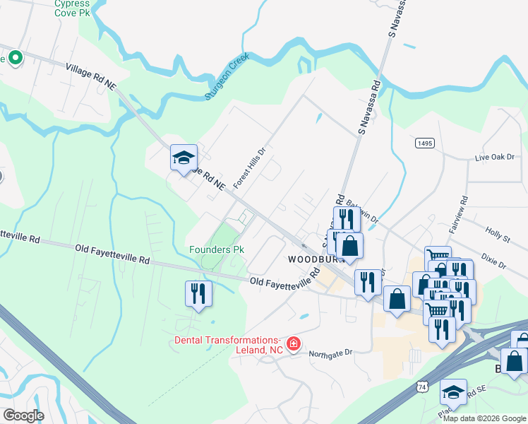 map of restaurants, bars, coffee shops, grocery stores, and more near 480 Village Road Northeast in Leland