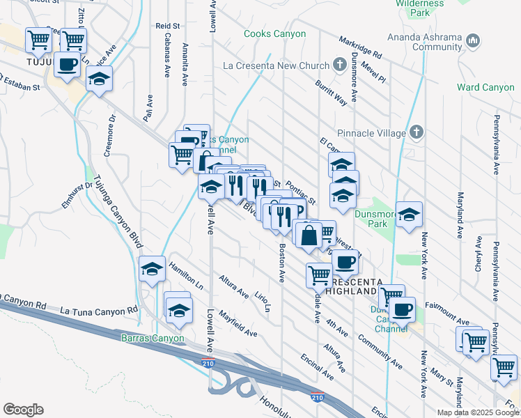 map of restaurants, bars, coffee shops, grocery stores, and more near 3847 Foothill Boulevard in Glendale