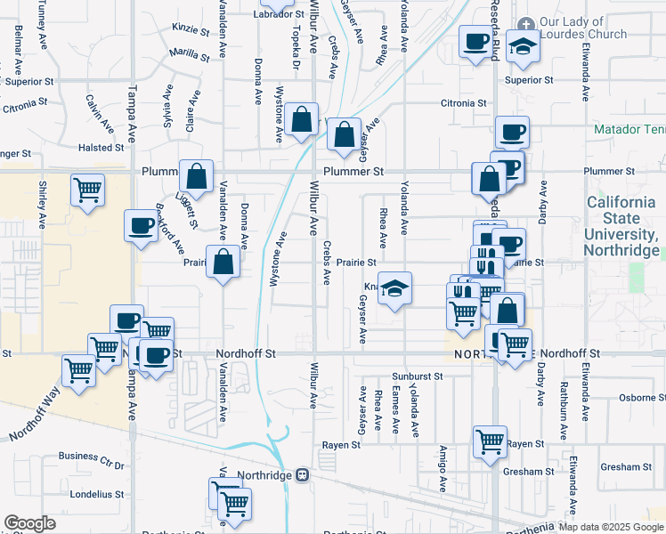map of restaurants, bars, coffee shops, grocery stores, and more near 9264 Crebs Avenue in Los Angeles