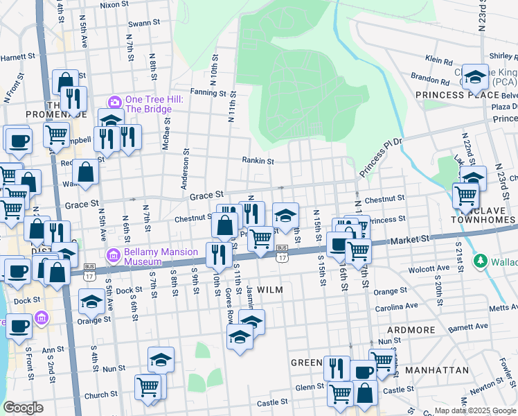 map of restaurants, bars, coffee shops, grocery stores, and more near 1205 Chestnut Street in Wilmington