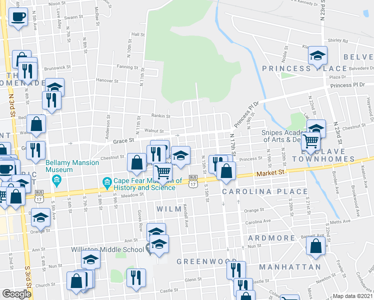 map of restaurants, bars, coffee shops, grocery stores, and more near 1399 Chestnut Street in Wilmington
