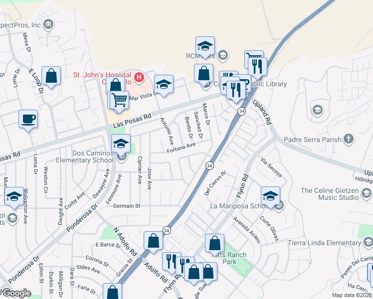 map of restaurants, bars, coffee shops, grocery stores, and more near 4130 Fortuna Avenue in Camarillo