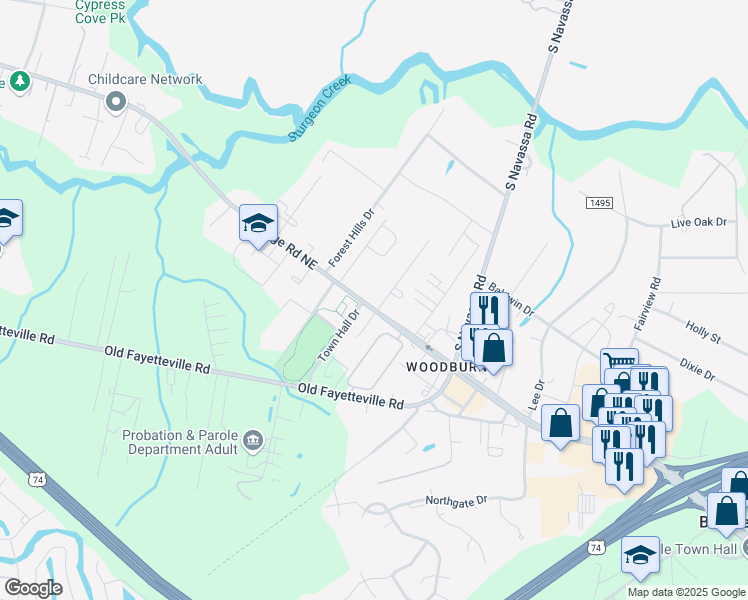 map of restaurants, bars, coffee shops, grocery stores, and more near 33 Dresser Lane in Leland