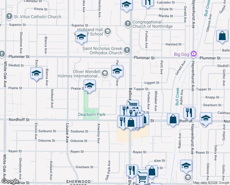 map of restaurants, bars, coffee shops, grocery stores, and more near 9255 Paso Robles Avenue in Los Angeles