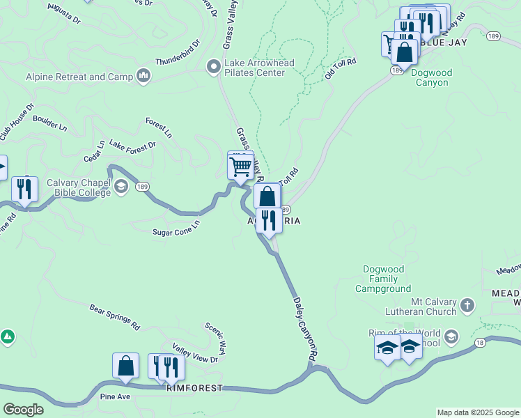 map of restaurants, bars, coffee shops, grocery stores, and more near 26793 Pine Lane in Lake Arrowhead