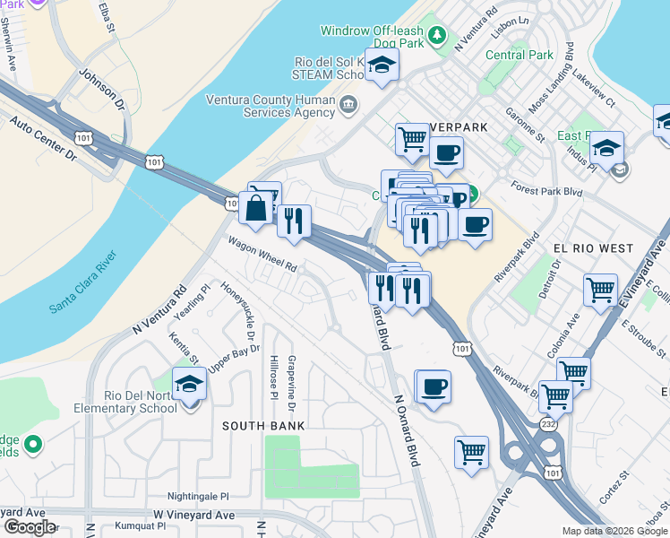 map of restaurants, bars, coffee shops, grocery stores, and more near 2800 Wagon Wheel Road in Oxnard