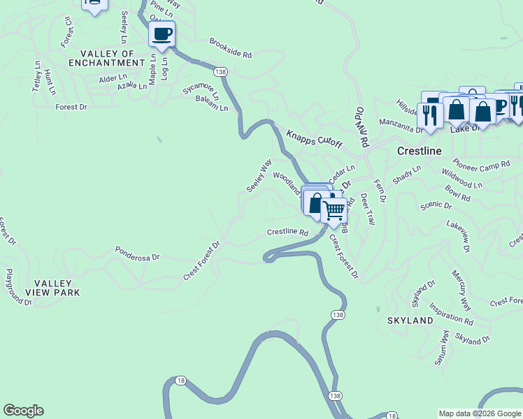 map of restaurants, bars, coffee shops, grocery stores, and more near 790 South Village Lane in Crestline