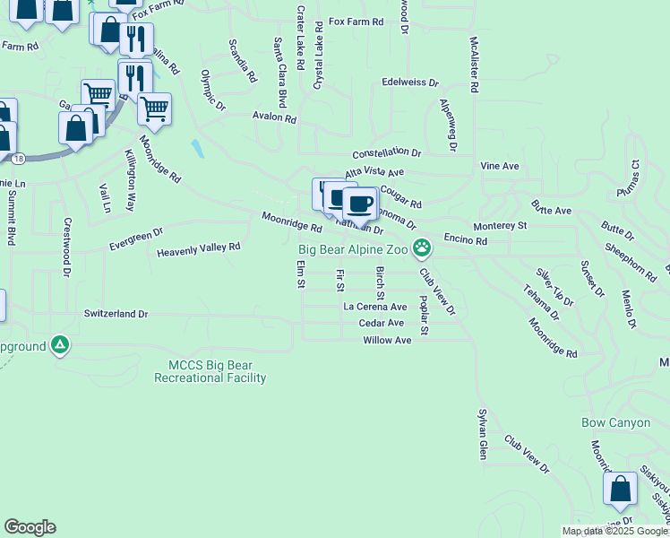 map of restaurants, bars, coffee shops, grocery stores, and more near 724 Fir Street in Big Bear Lake