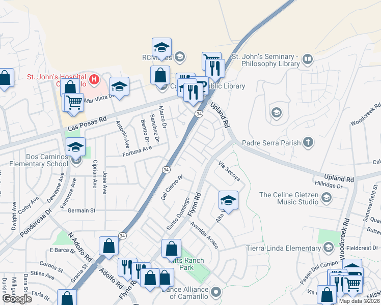 map of restaurants, bars, coffee shops, grocery stores, and more near 4459 Corte Arbusto in Camarillo