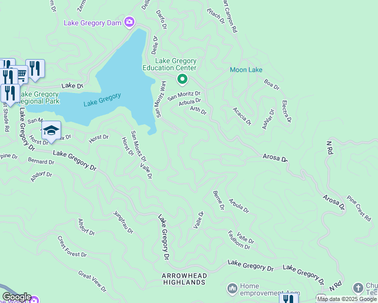 map of restaurants, bars, coffee shops, grocery stores, and more near 800 Arbula Drive in Crestline