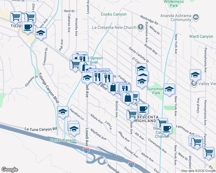 map of restaurants, bars, coffee shops, grocery stores, and more near 3847 Foothill Boulevard in Glendale