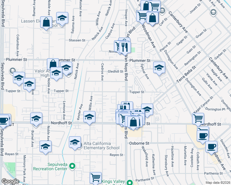 map of restaurants, bars, coffee shops, grocery stores, and more near 9269 Tobias Avenue in Los Angeles