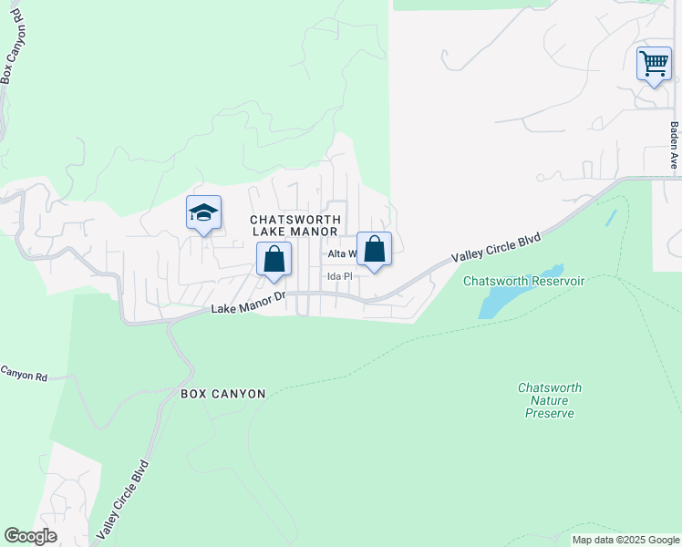 map of restaurants, bars, coffee shops, grocery stores, and more near 23327 Ida Place in Los Angeles County