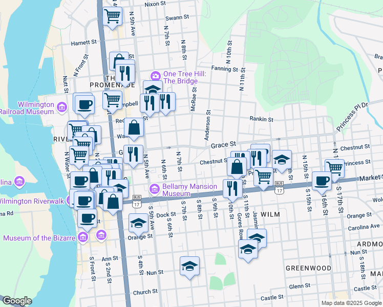 map of restaurants, bars, coffee shops, grocery stores, and more near 218 McRae Street in Wilmington