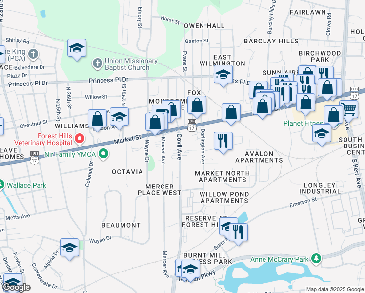map of restaurants, bars, coffee shops, grocery stores, and more near 29 Covil Avenue in Wilmington