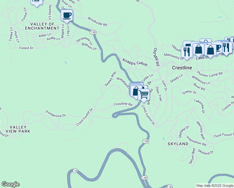 map of restaurants, bars, coffee shops, grocery stores, and more near 782 North Village Lane in Crestline