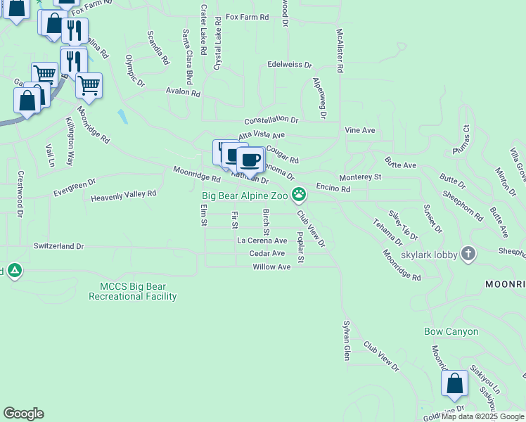 map of restaurants, bars, coffee shops, grocery stores, and more near 42680 Peregrine Avenue in Big Bear Lake