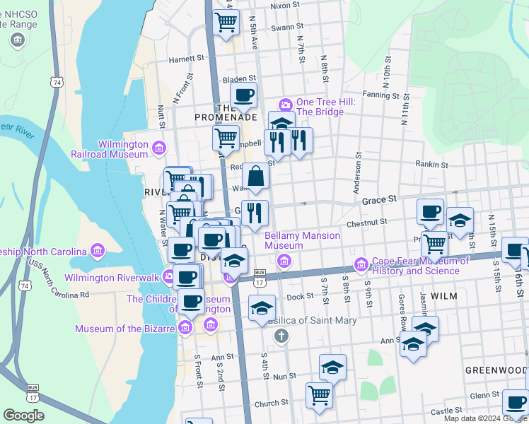 map of restaurants, bars, coffee shops, grocery stores, and more near 416 Grace Street in Wilmington