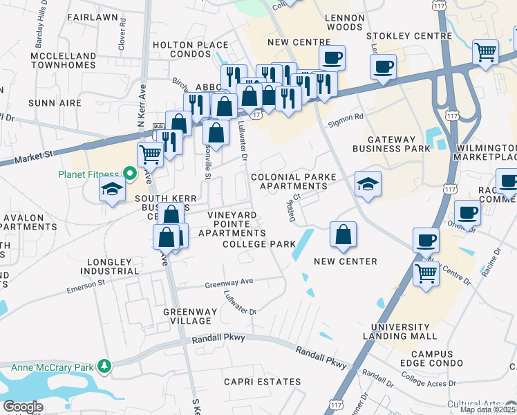 map of restaurants, bars, coffee shops, grocery stores, and more near 205 Lullwater Drive in Wilmington