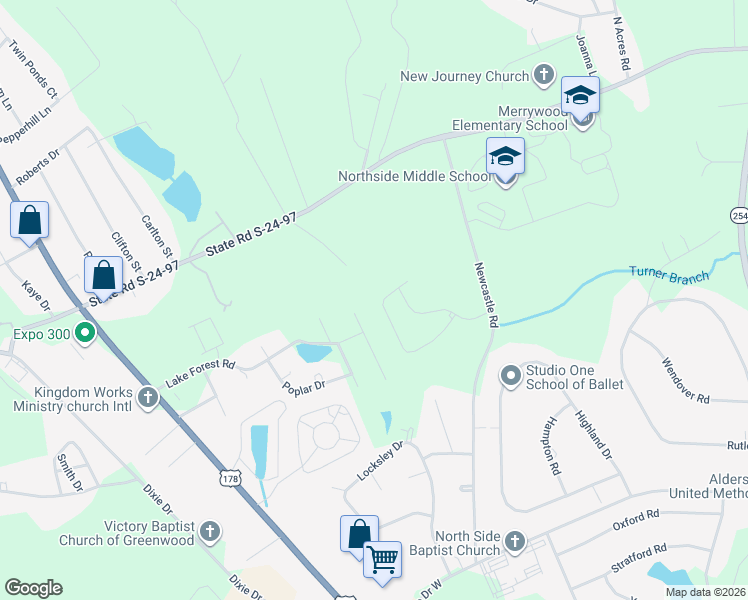 map of restaurants, bars, coffee shops, grocery stores, and more near 147 Kinkade Drive in Greenwood