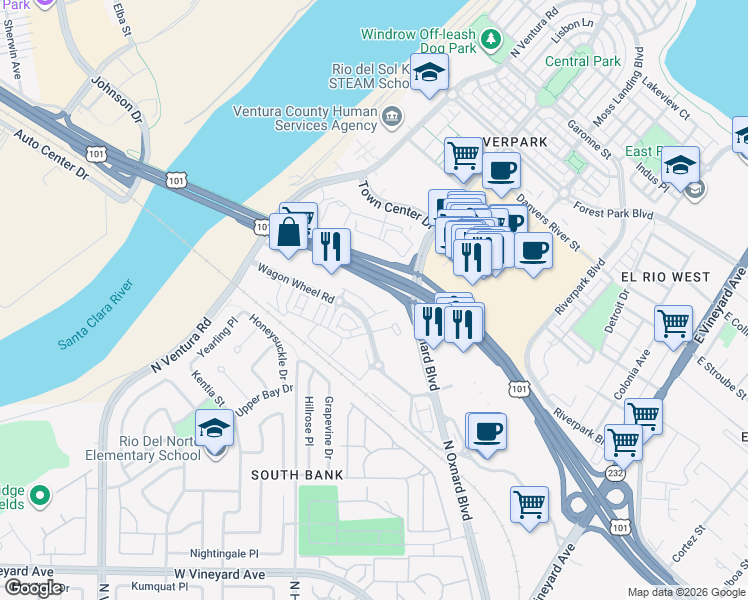 map of restaurants, bars, coffee shops, grocery stores, and more near 2800 Wagon Wheel Road in Oxnard