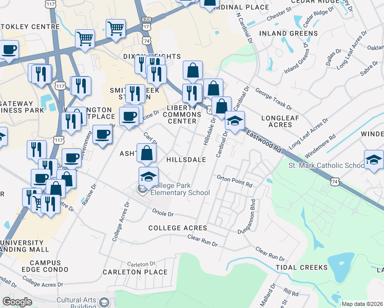 map of restaurants, bars, coffee shops, grocery stores, and more near 142 Charter Drive in Wilmington