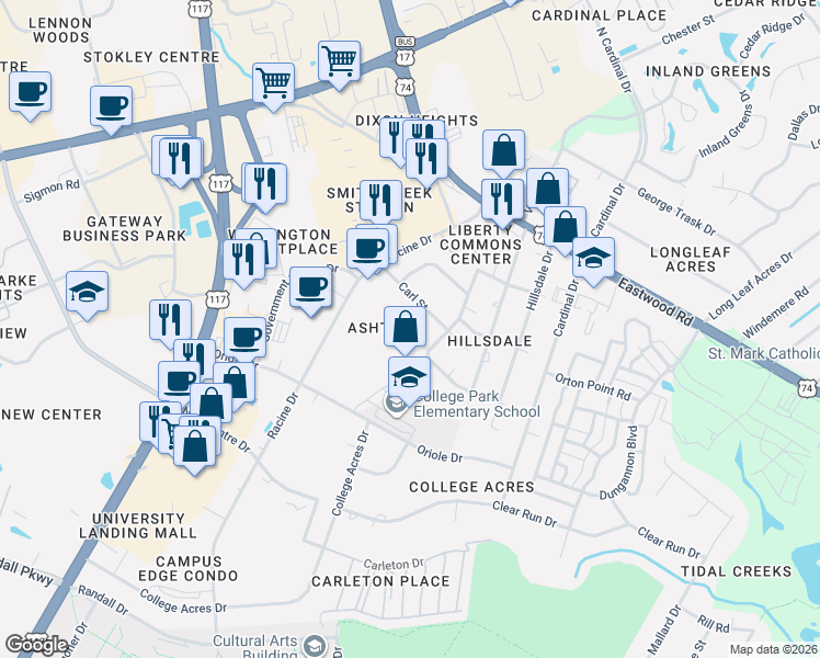map of restaurants, bars, coffee shops, grocery stores, and more near 233 Racine Drive in Wilmington