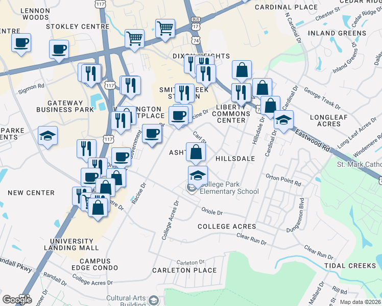 map of restaurants, bars, coffee shops, grocery stores, and more near 233 Racine Drive in Wilmington