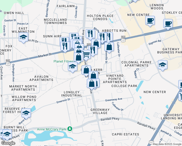 map of restaurants, bars, coffee shops, grocery stores, and more near 125 South Kerr Avenue in Wilmington