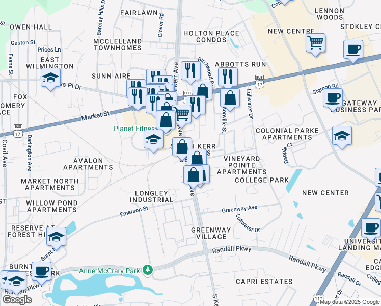 map of restaurants, bars, coffee shops, grocery stores, and more near 125 South Kerr Avenue in Wilmington