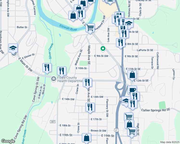 map of restaurants, bars, coffee shops, grocery stores, and more near 10 Summer Club Boulevard Northwest in Rome