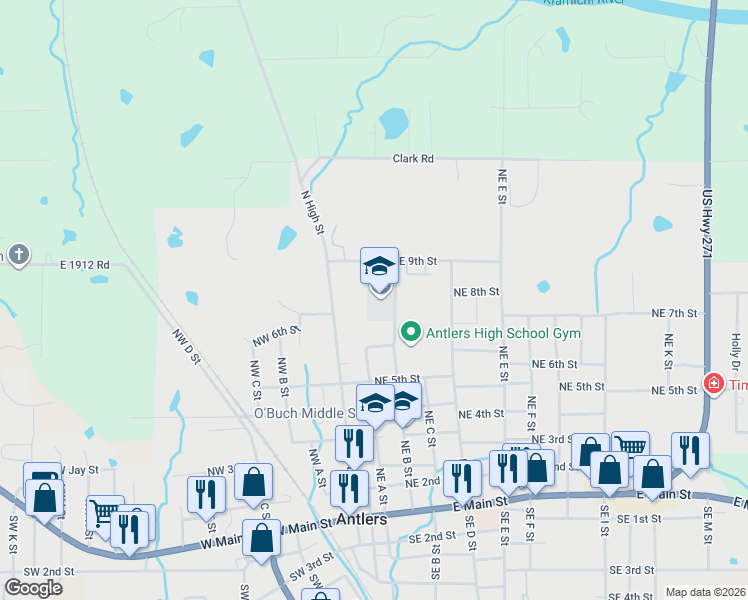 map of restaurants, bars, coffee shops, grocery stores, and more near 805 Northeast B Street in Antlers