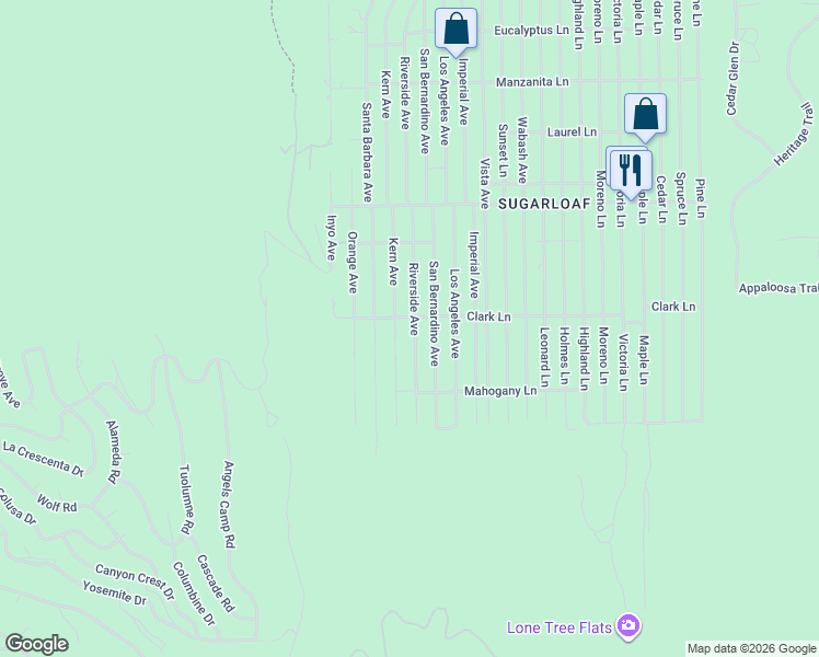map of restaurants, bars, coffee shops, grocery stores, and more near 726 Riverside Avenue in Big Bear