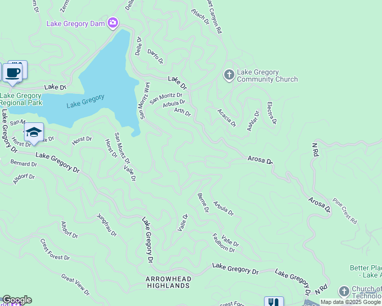 map of restaurants, bars, coffee shops, grocery stores, and more near 24848 Matterhorn Court in Crestline