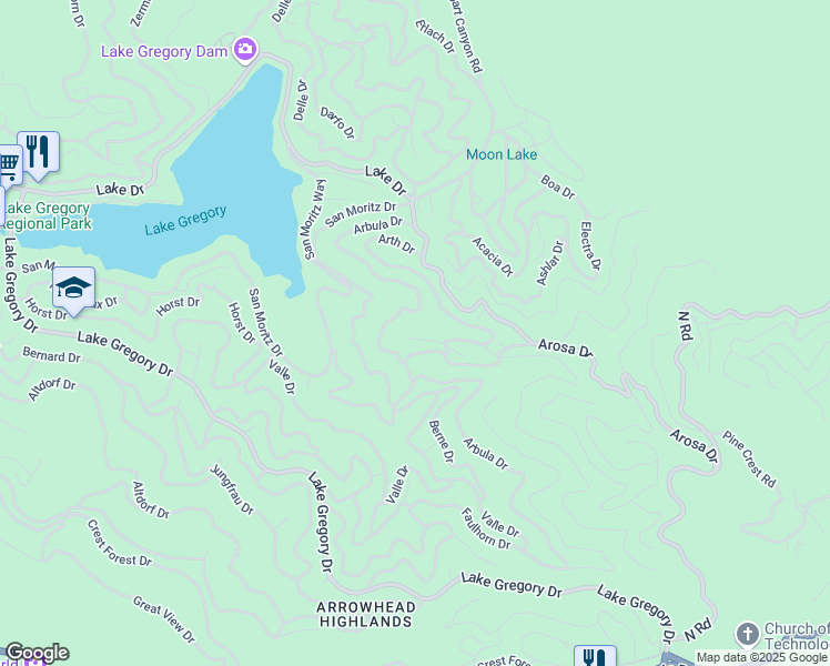 map of restaurants, bars, coffee shops, grocery stores, and more near 24848 Matterhorn Court in Crestline