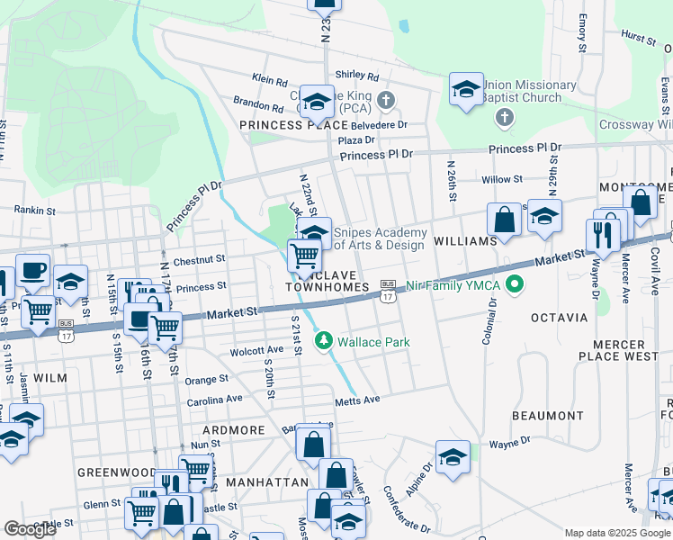 map of restaurants, bars, coffee shops, grocery stores, and more near 2131 Market Street in Wilmington