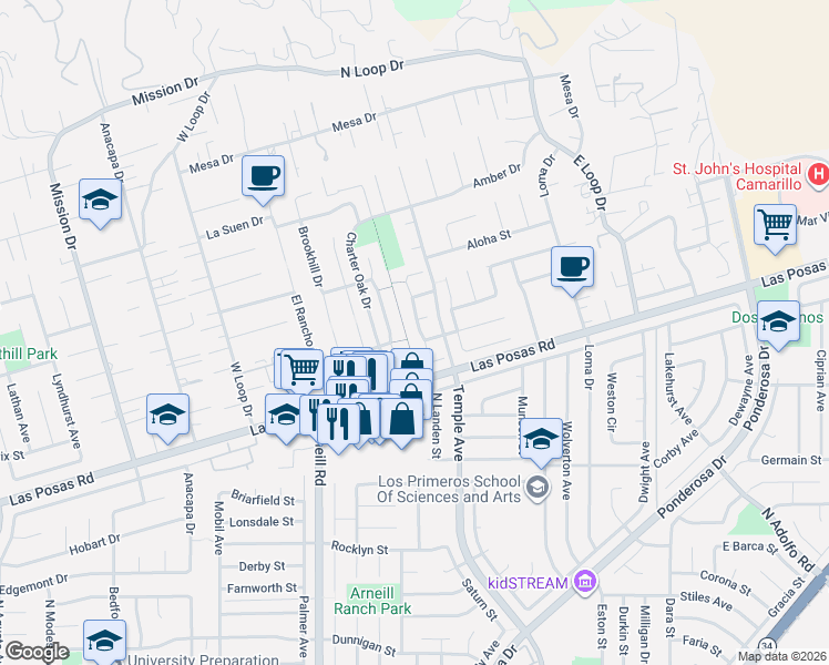 map of restaurants, bars, coffee shops, grocery stores, and more near 2077 Calaveras Drive in Camarillo
