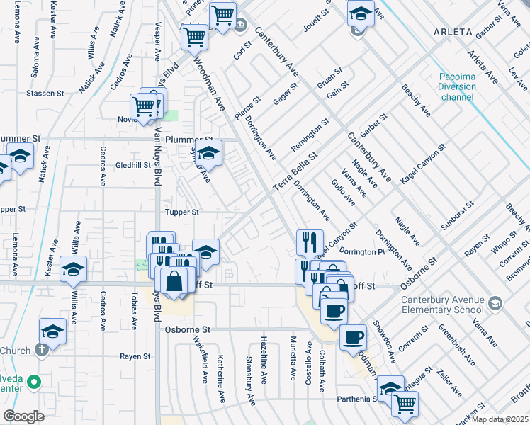 map of restaurants, bars, coffee shops, grocery stores, and more near 9315 Woodman Avenue in Los Angeles