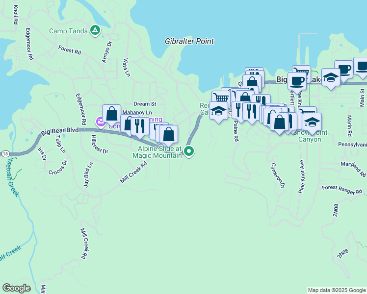 map of restaurants, bars, coffee shops, grocery stores, and more near 40362 Big Bear Boulevard in Big Bear Lake