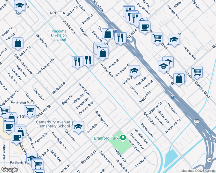 map of restaurants, bars, coffee shops, grocery stores, and more near 9333 Stanwin Avenue in Los Angeles