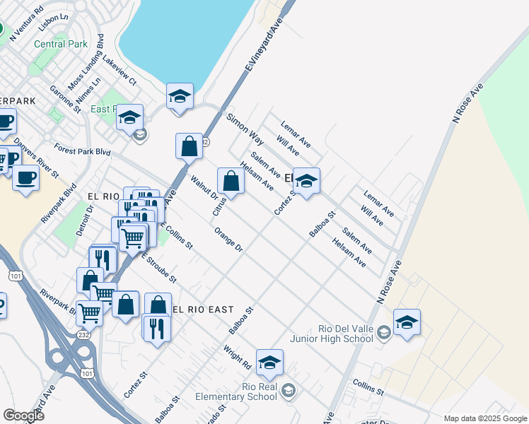 map of restaurants, bars, coffee shops, grocery stores, and more near 454 Corsicana Drive in Oxnard